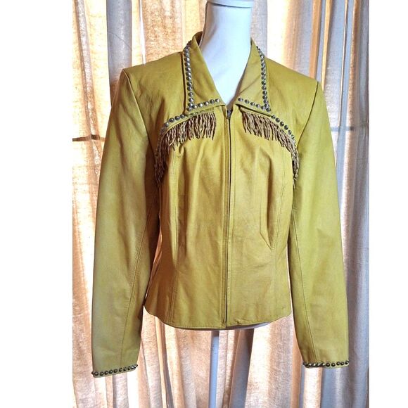 Double D Ranch Ladies Leather Studded Jacket With Fringe FADED Size L - Picture 1 of 10